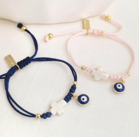 pulsera de cordón cruz turquesa blanca y dije - personalizable - plata 925