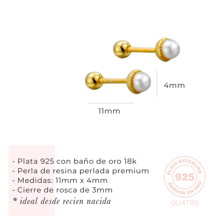aretes mini perla clasica - plata 925