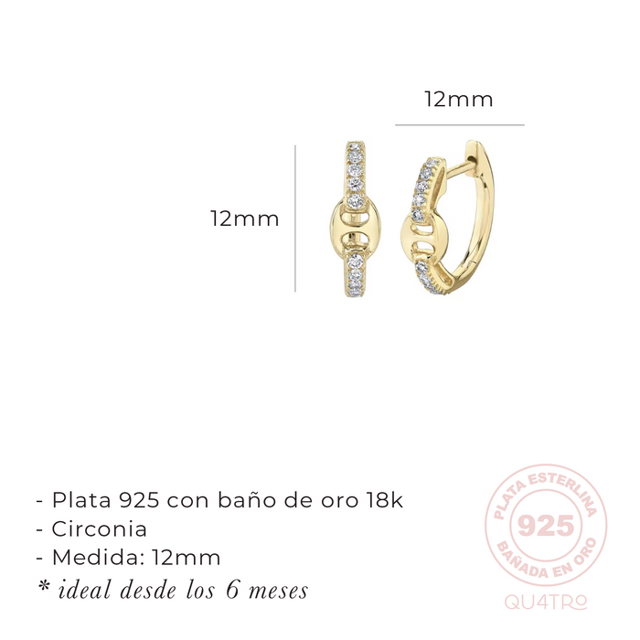 aretes huggie circonia eslabón – plata 925