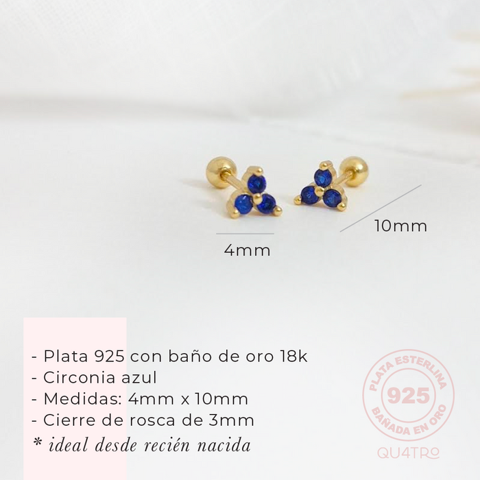 aretes mini trio circonia azul – plata 925