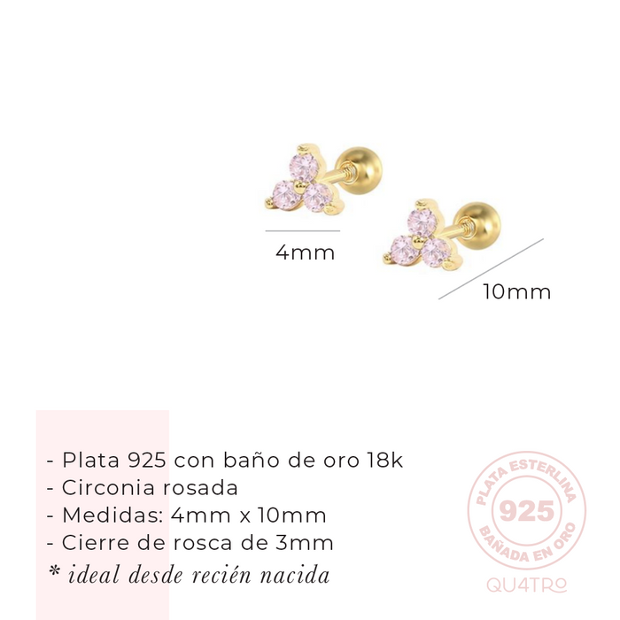 aretes mini trio circonia rosada – plata 925