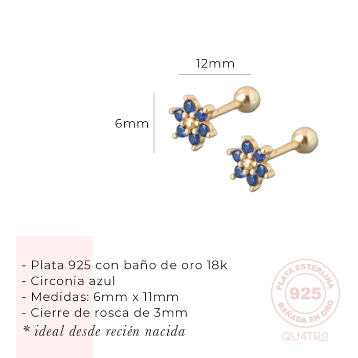 aretes mini flor circonia azul – plata 925