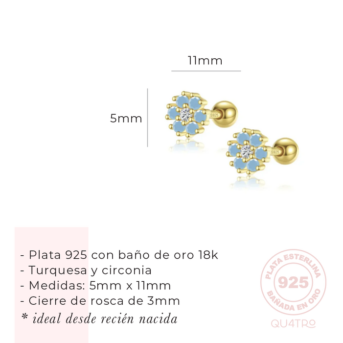 aretes mini flor turquesa circonia – plata 925 -WS-