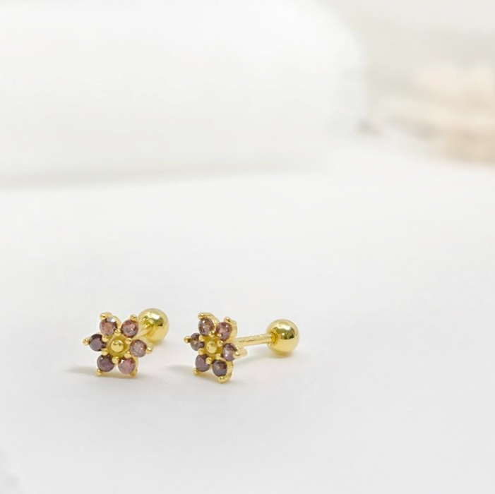 aretes mini flor circonia rosa oscuro – plata 925 -WS-