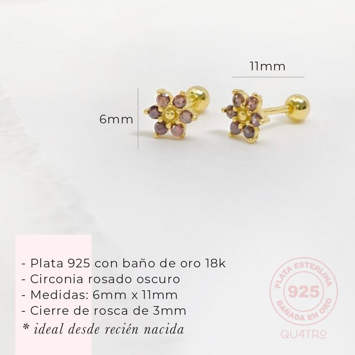 aretes mini flor circonia rosa oscuro – plata 925