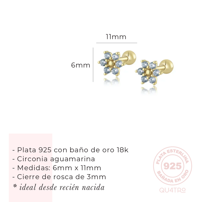 aretes mini flor circonia aguamarina – plata 925