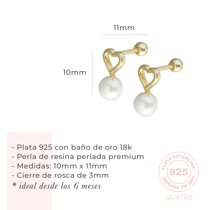 aretes mini perla corazón – plata 925