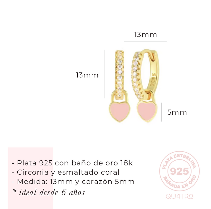 aretes huggie corazón colgante coral – plata 925 -WS-