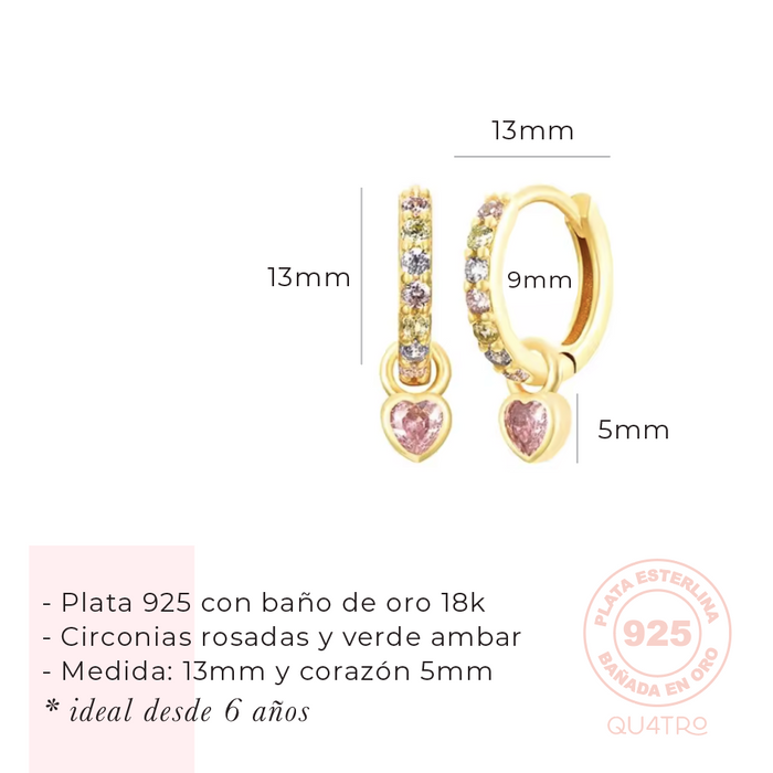 aretes huggie corazón colgante rosado oscuro – plata 925 -WS-