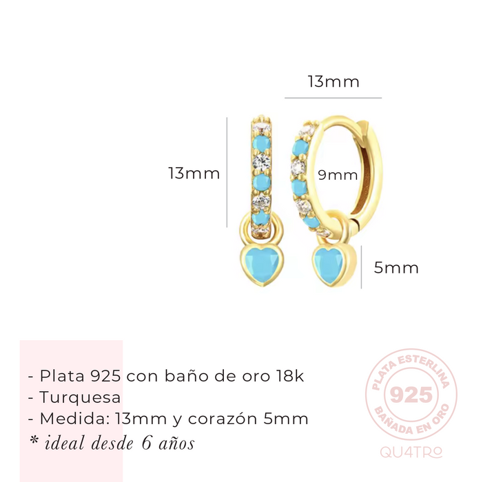 aretes huggie corazón colgante turquesa – plata 925
