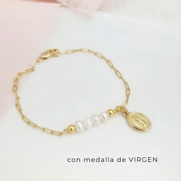 pulsera mini paperclip con perlas - Virgen - plata 925 -WS-