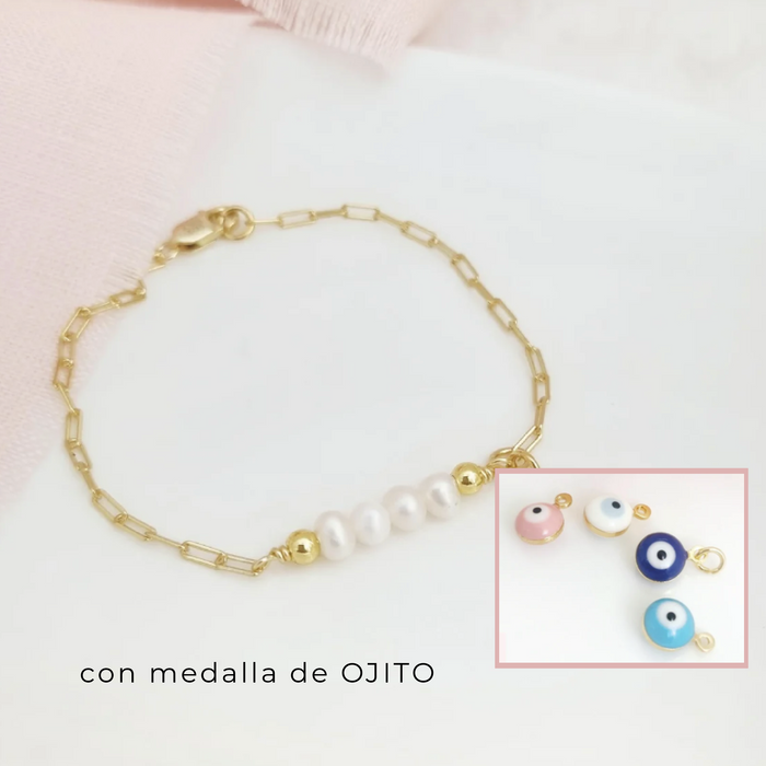 pulsera mini paperclip con perlas - Ojitos - plata 925 -WS-