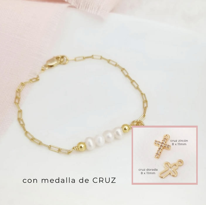 pulsera mini paperclip con perlas - Cruz - plata 925 -WS-