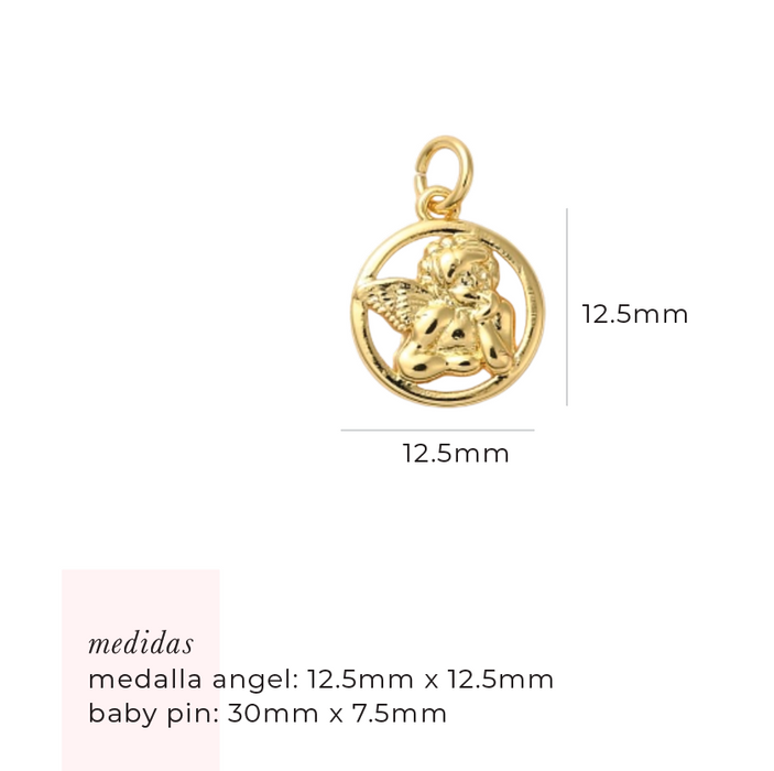 baby pin 925 personalizable - ángel nacar 4 + letra + cruz