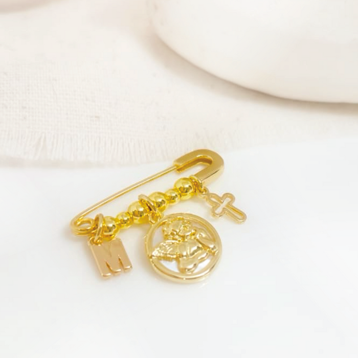 baby pin 925 personalizable - ángel nacar 4 + letra + cruz