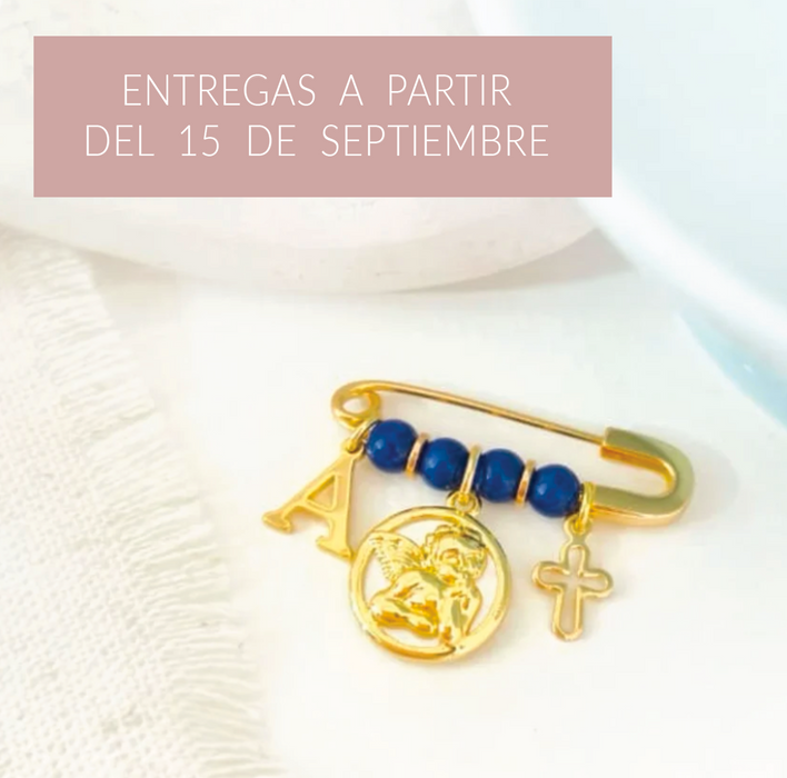 baby pin 925 personalizable - ángel nacar 4 + letra + cruz