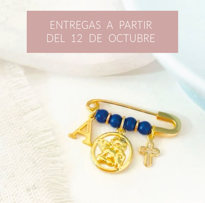 baby pin 925 personalizable - ángel nacar 4 + letra + cruz