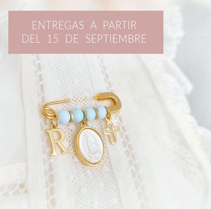 baby pin 925 personalizable - guadalupe nacar + letra + cruz