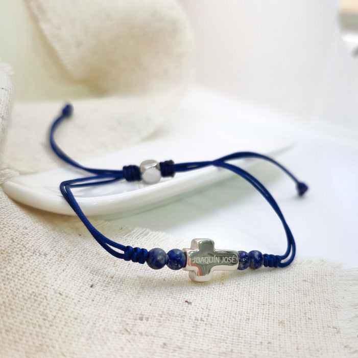 pulsera MEMOIR de cruz y cordón azul - personalizable (para jóvenes y adultos)