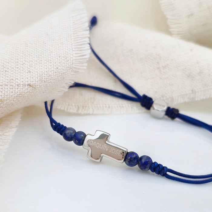 pulsera MEMOIR de cruz y cordón azul - personalizable (para jóvenes y adultos)