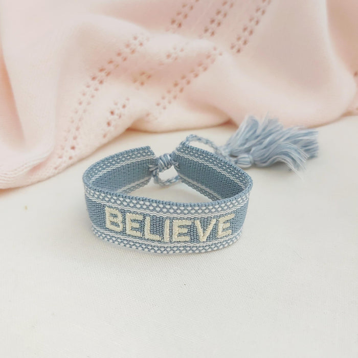 BELIEVE light blue word bracelet