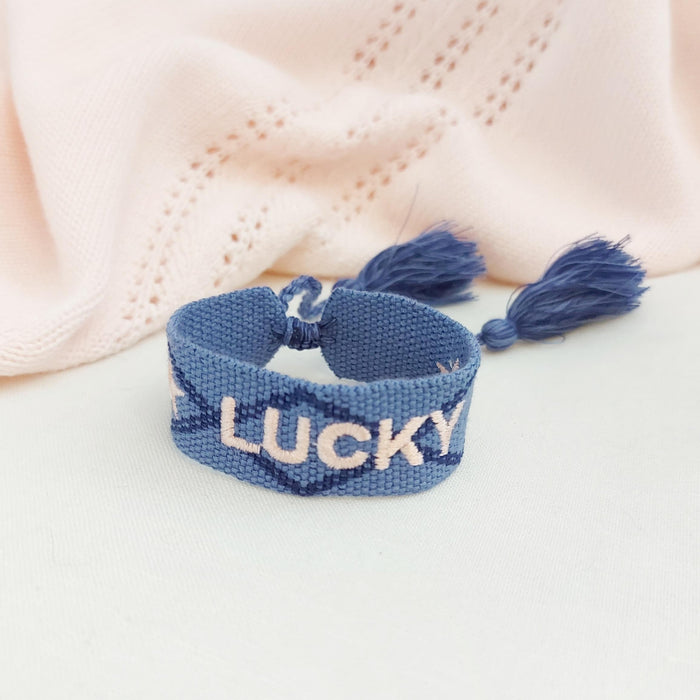 LUCKY blue/pink word bracelet