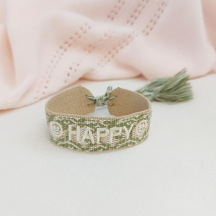 HAPPY green/kaki word bracelet